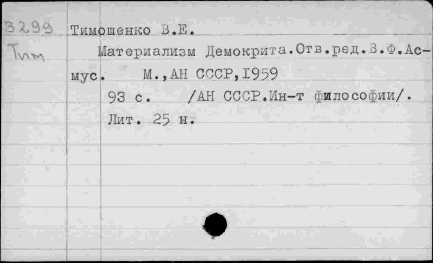 ﻿	.Тимошенко В.Е.
	Материализм Демокрита.Отв.ред.В.Ф.Ас
	мус.	М.,АН СССР,1959
	93 с.	/АН СССР.Ин-т философии/.
	Лит. 25 н.